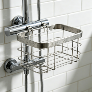 Rust-resistant metal caddy hangs from shower arm.
