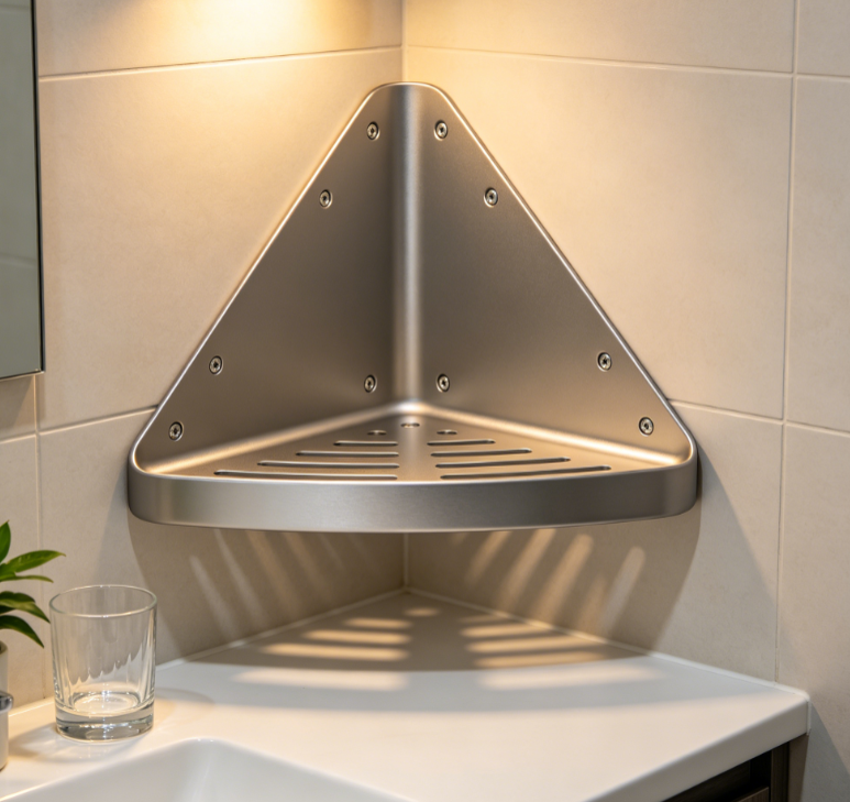 Solid aluminum triangular shelf with screw mounts.